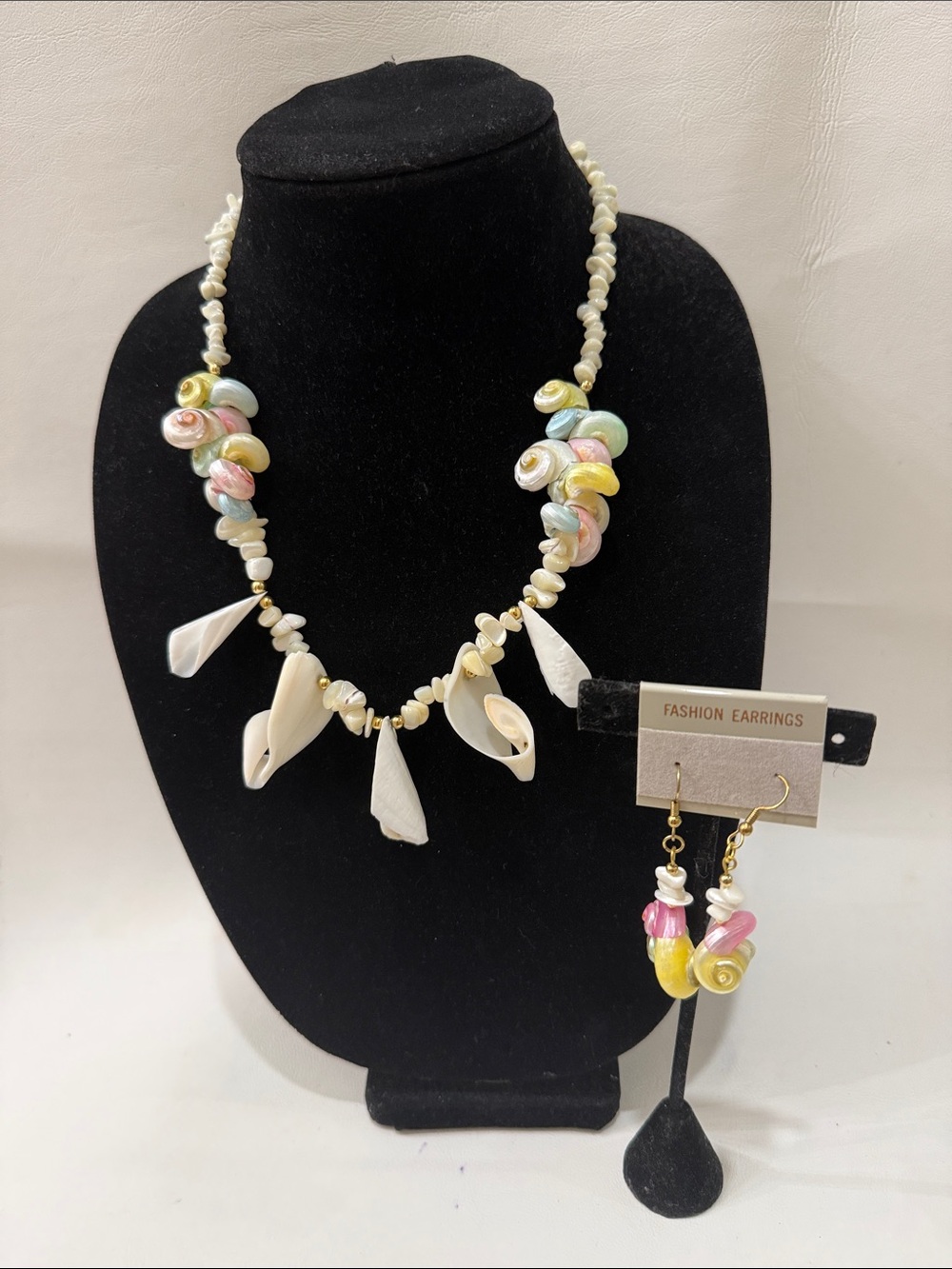 Tropical Necklace & Pierced Earrings Pastel Puka Heishi Shell Pink Blue White